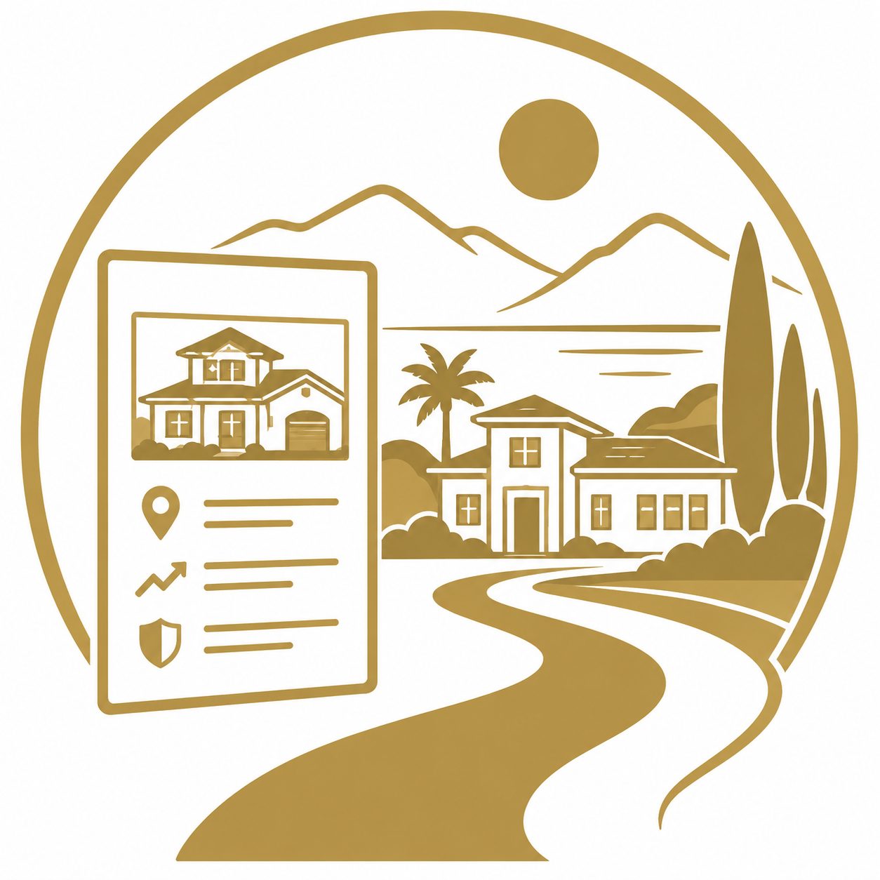 Gold vector icon of a luxury property listing with home, location, value, and lifestyle details