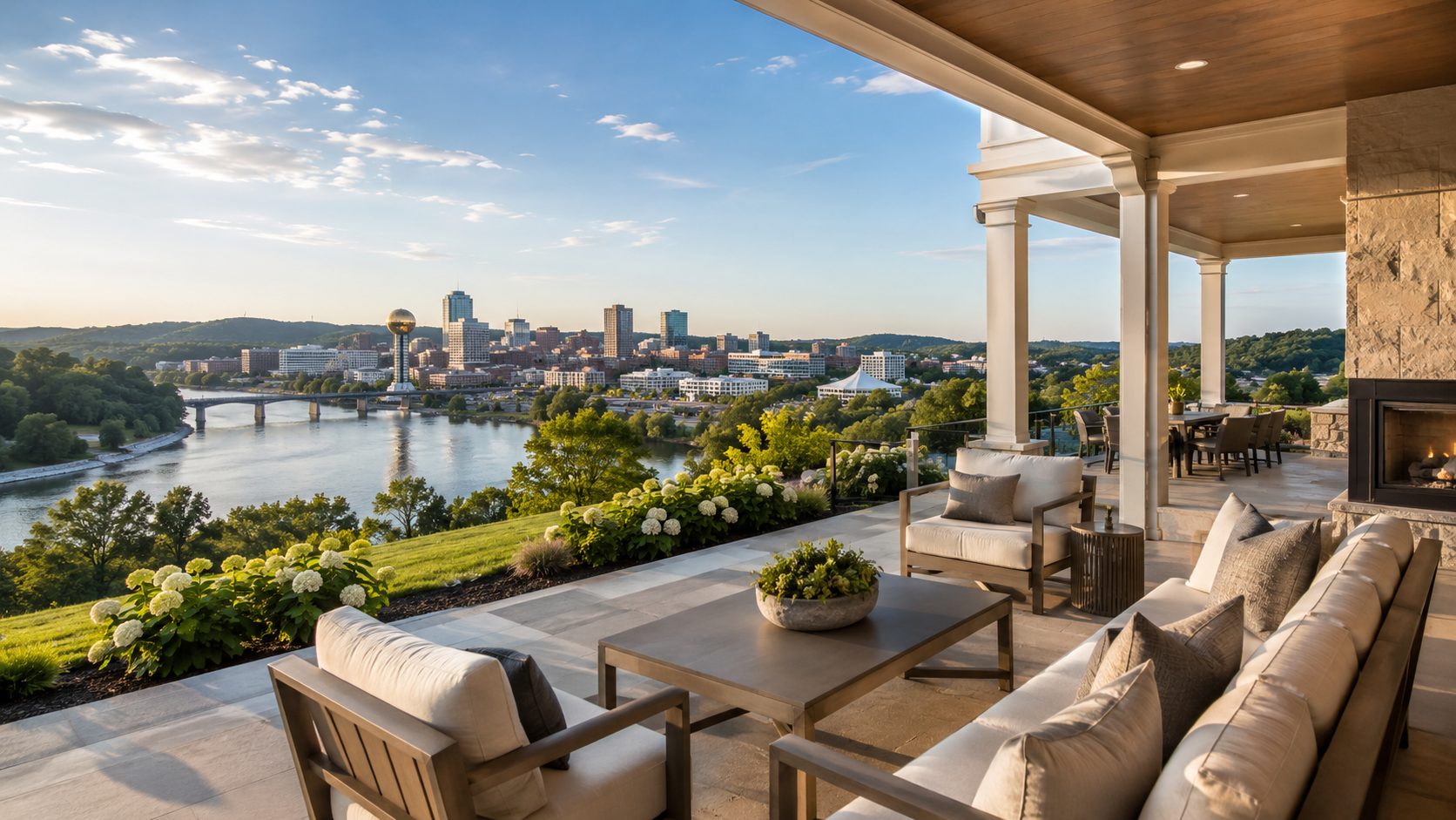 Knoxville luxury home terrace with river views, downtown skyline, and East Tennessee hills