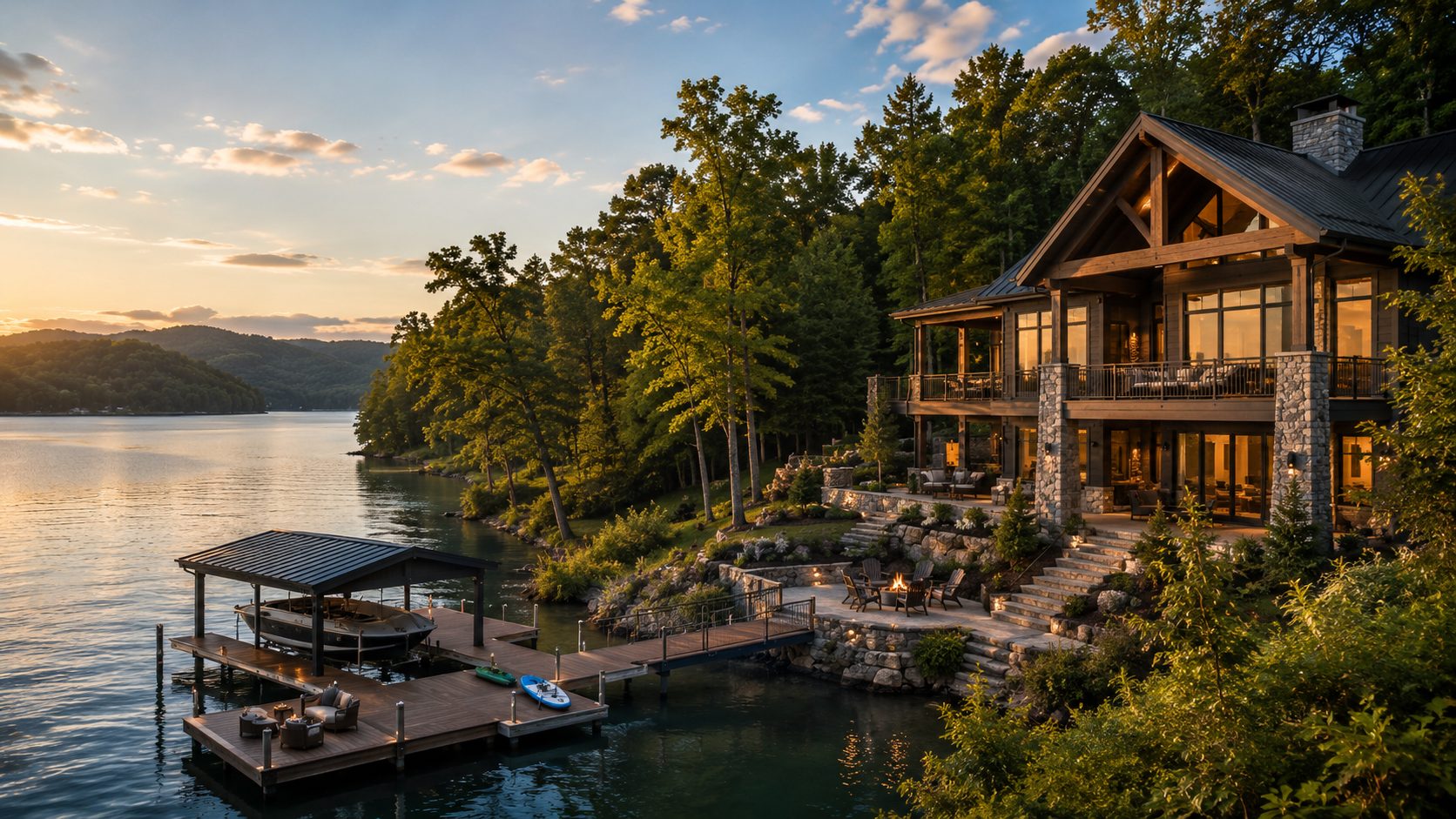 Tellico Lake luxury waterfront home with private dock, boating access, and outdoor living