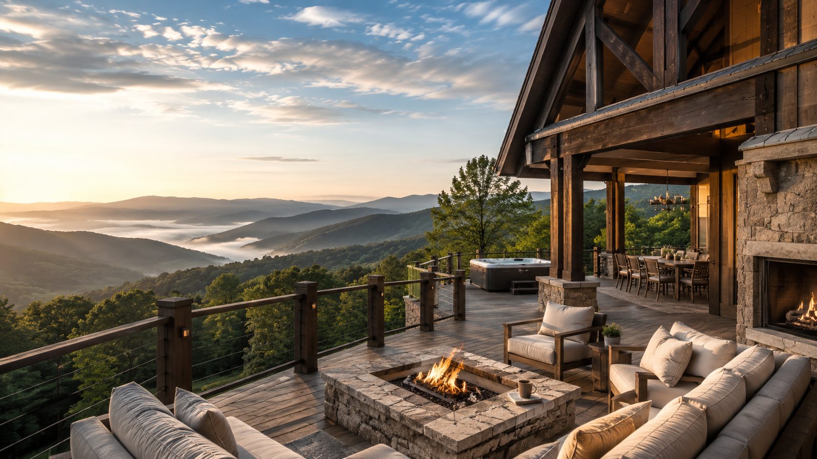 Smoky Mountain luxury retreat with outdoor firepit, mountain views, and private cabin setting