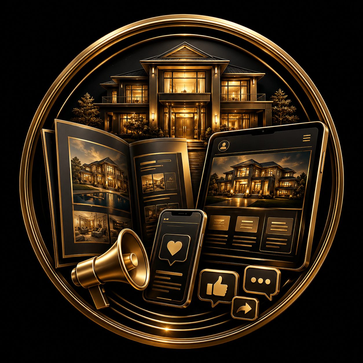Black and gold luxury home with tablet, brochure, phone, and megaphone representing digital and print marketing