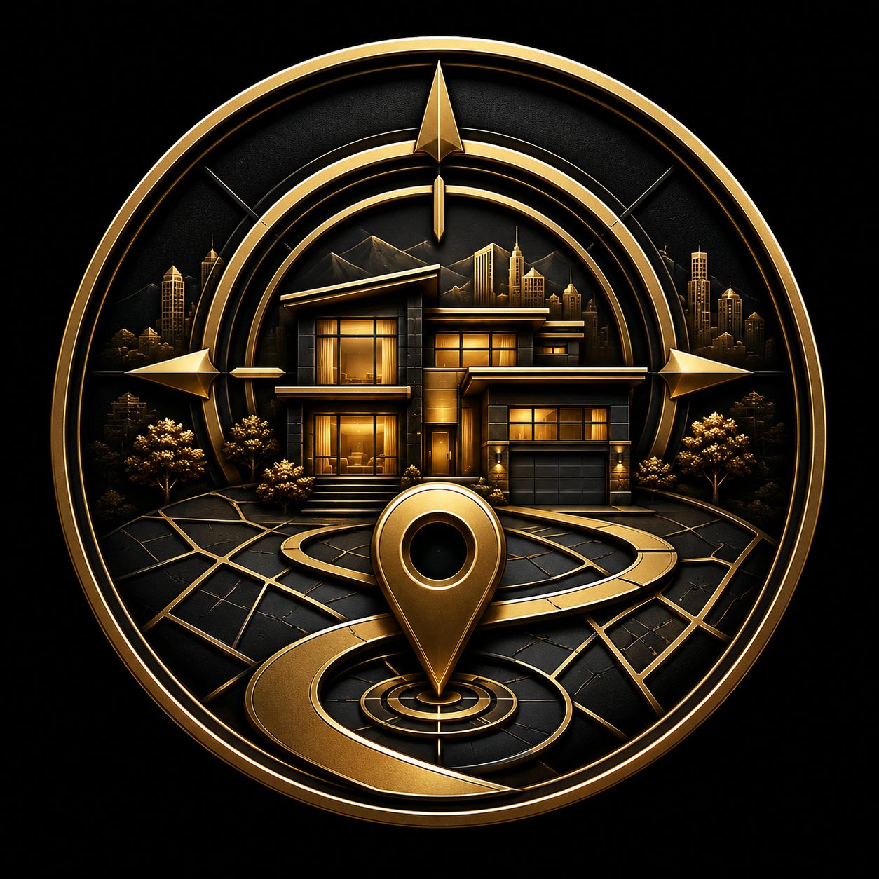 Black and gold luxury home with map pin, compass, and market positioning elements