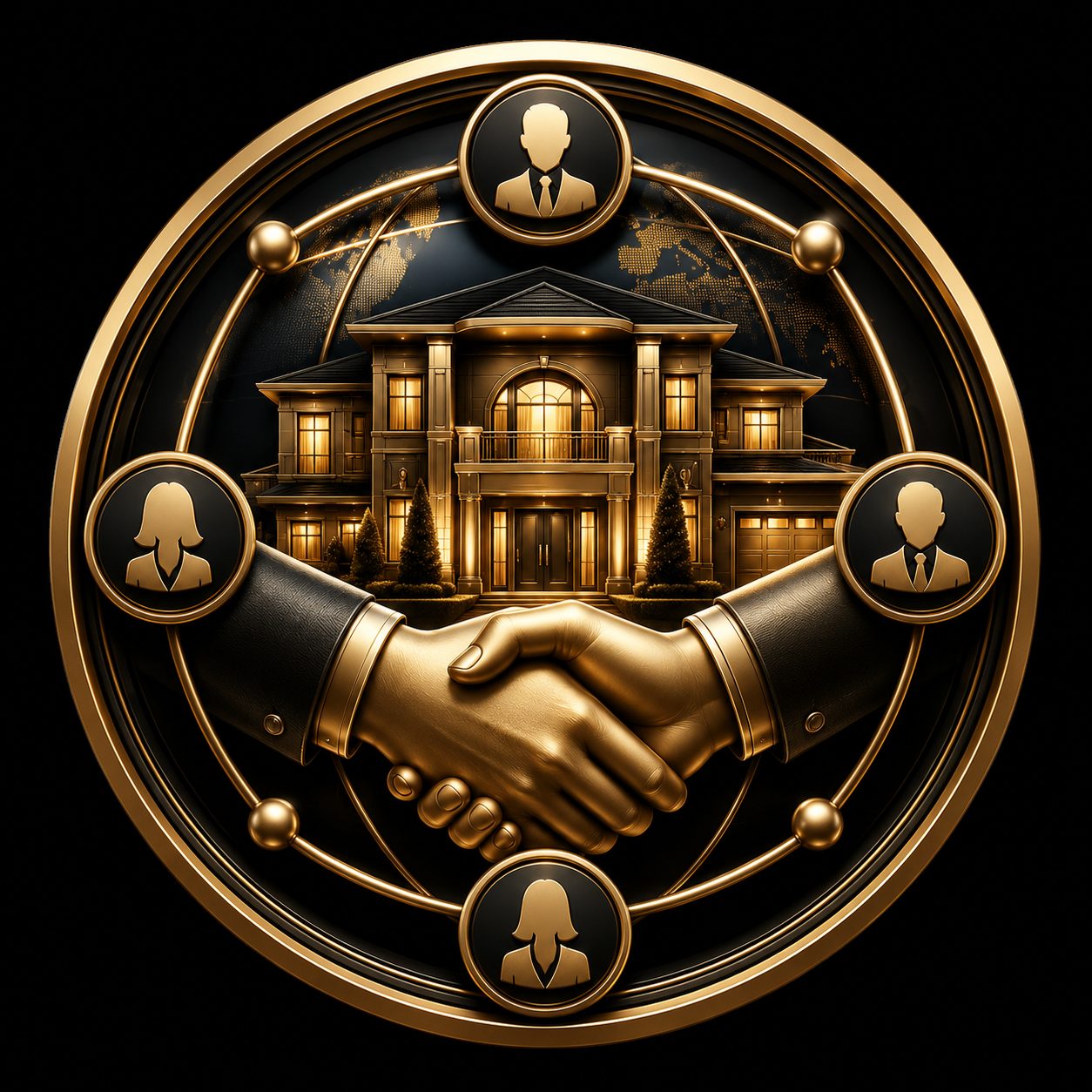 Black and gold handshake with luxury home and professional network connections