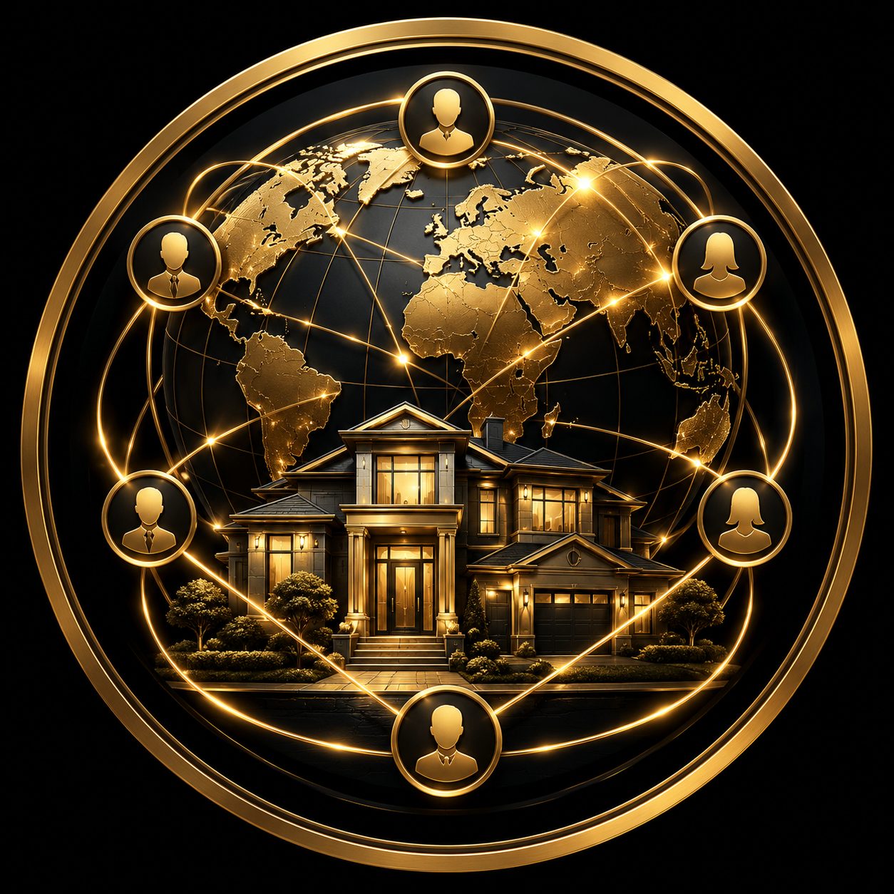Black and gold luxury home with global network connections representing broader listing exposure