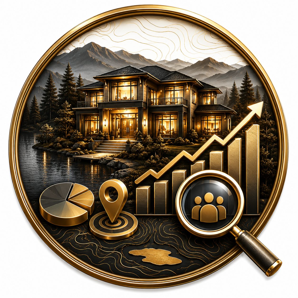 Luxury home with market chart, magnifying glass, and location pin representing real estate market positioning