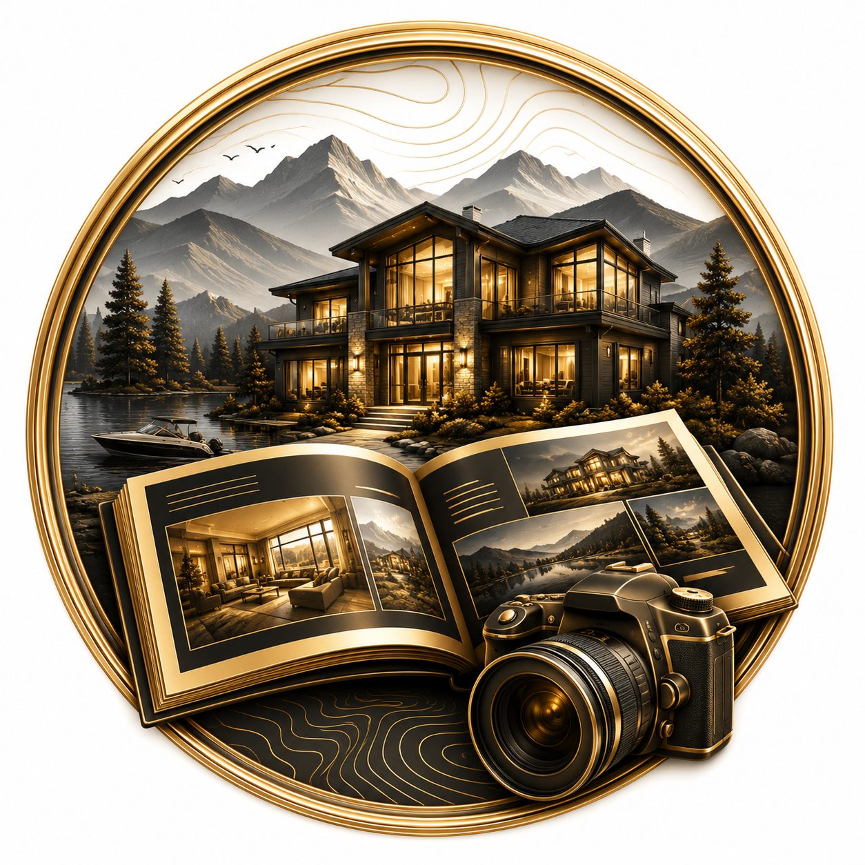 Luxury home with photo book and camera representing property storytelling for high-end real estate