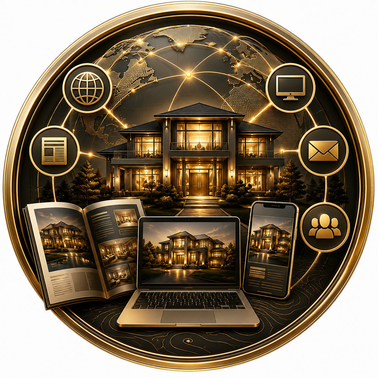 Luxury home with global network, laptop, phone, print marketing, and digital visibility icons