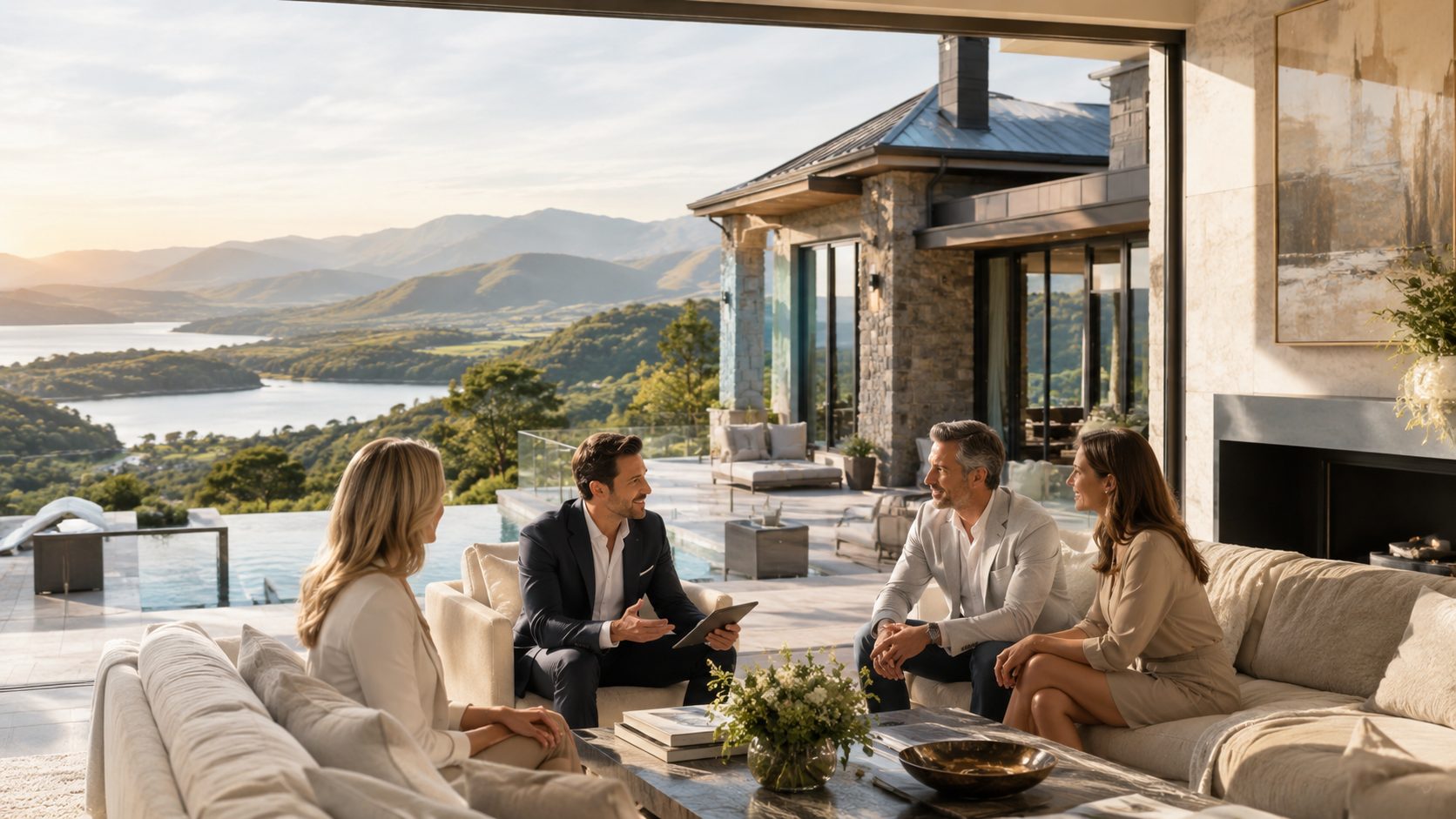 Luxury real estate advisor meeting with buyers in a lakeside home overlooking East Tennessee mountains