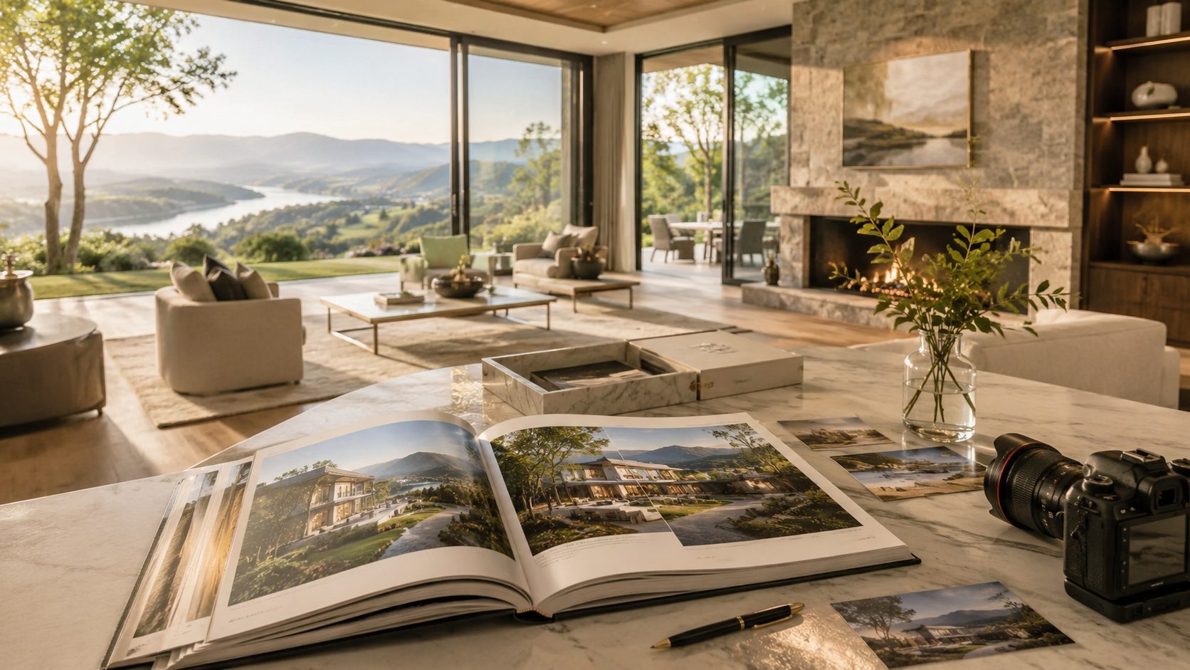 Luxury property story materials with photo book, camera, and mountain lake home setting