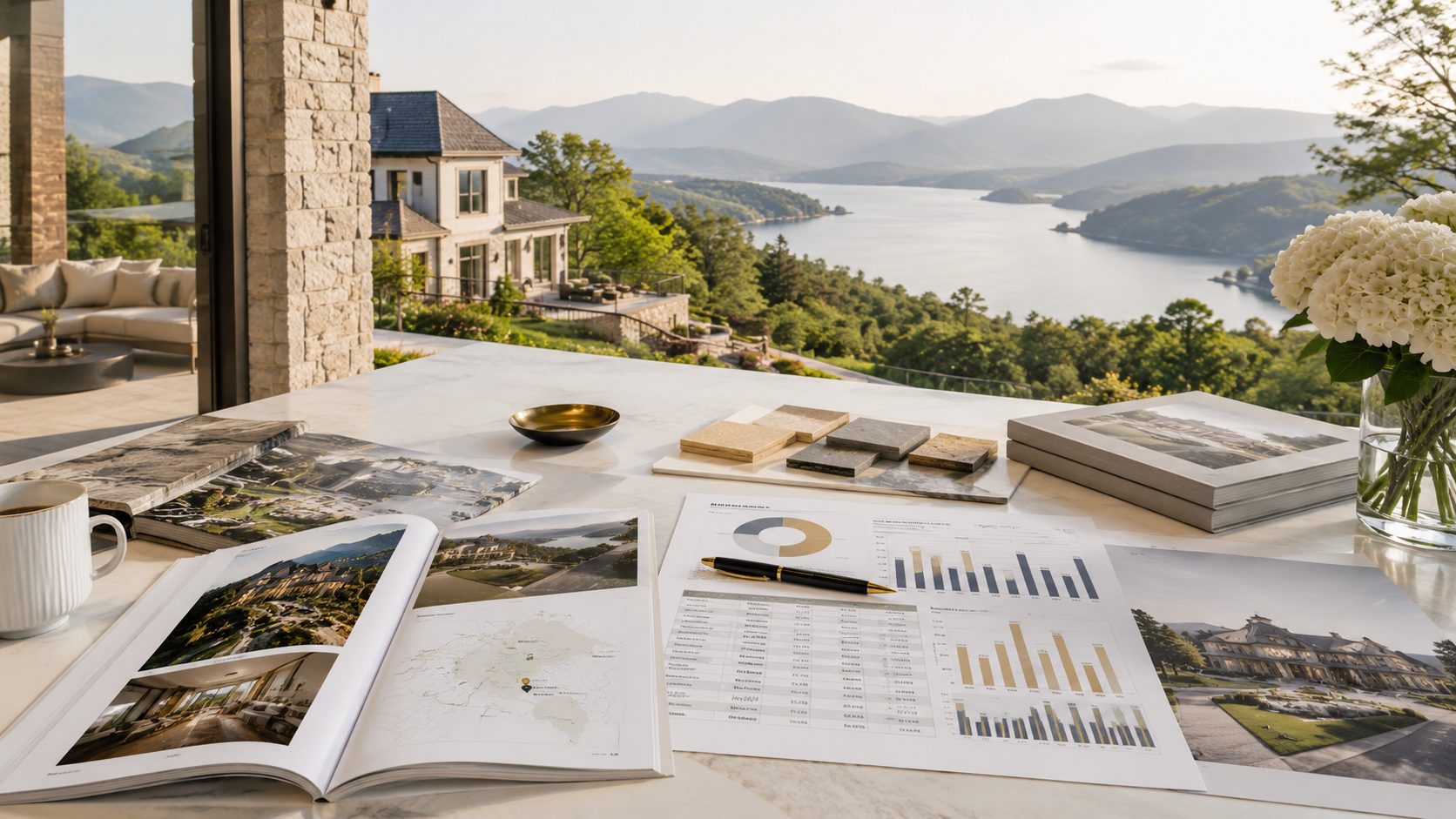 Luxury real estate market analysis with property photos, charts, map, and East Tennessee lake view