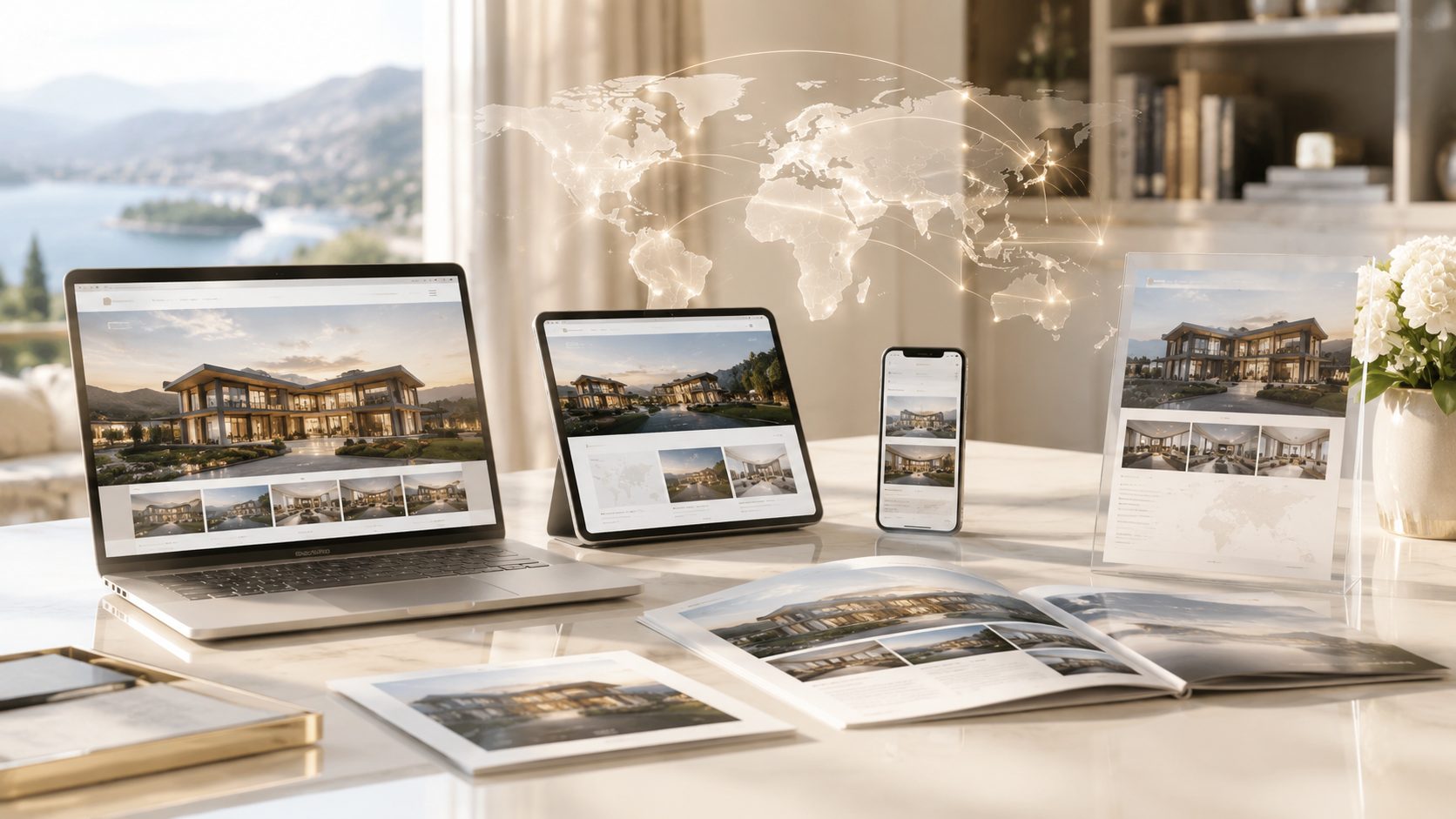 Luxury listing displayed across laptop, tablet, phone, and print materials with global network overlay