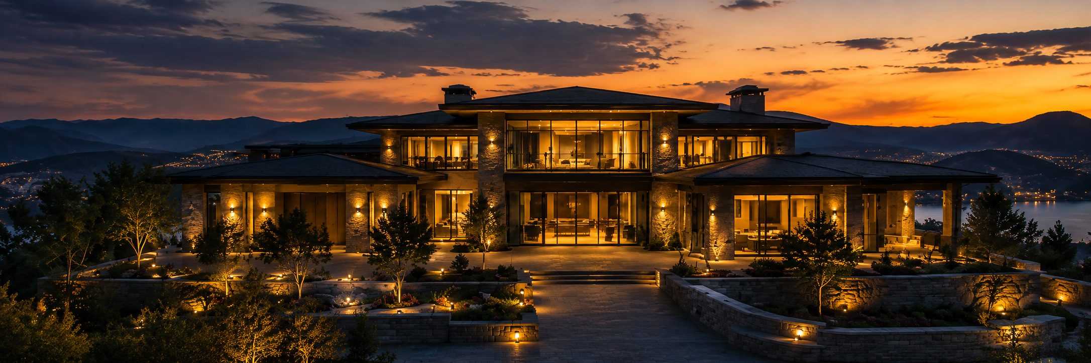 Luxury estate at twilight with warm lighting and mountain views representing strategic listing exposure