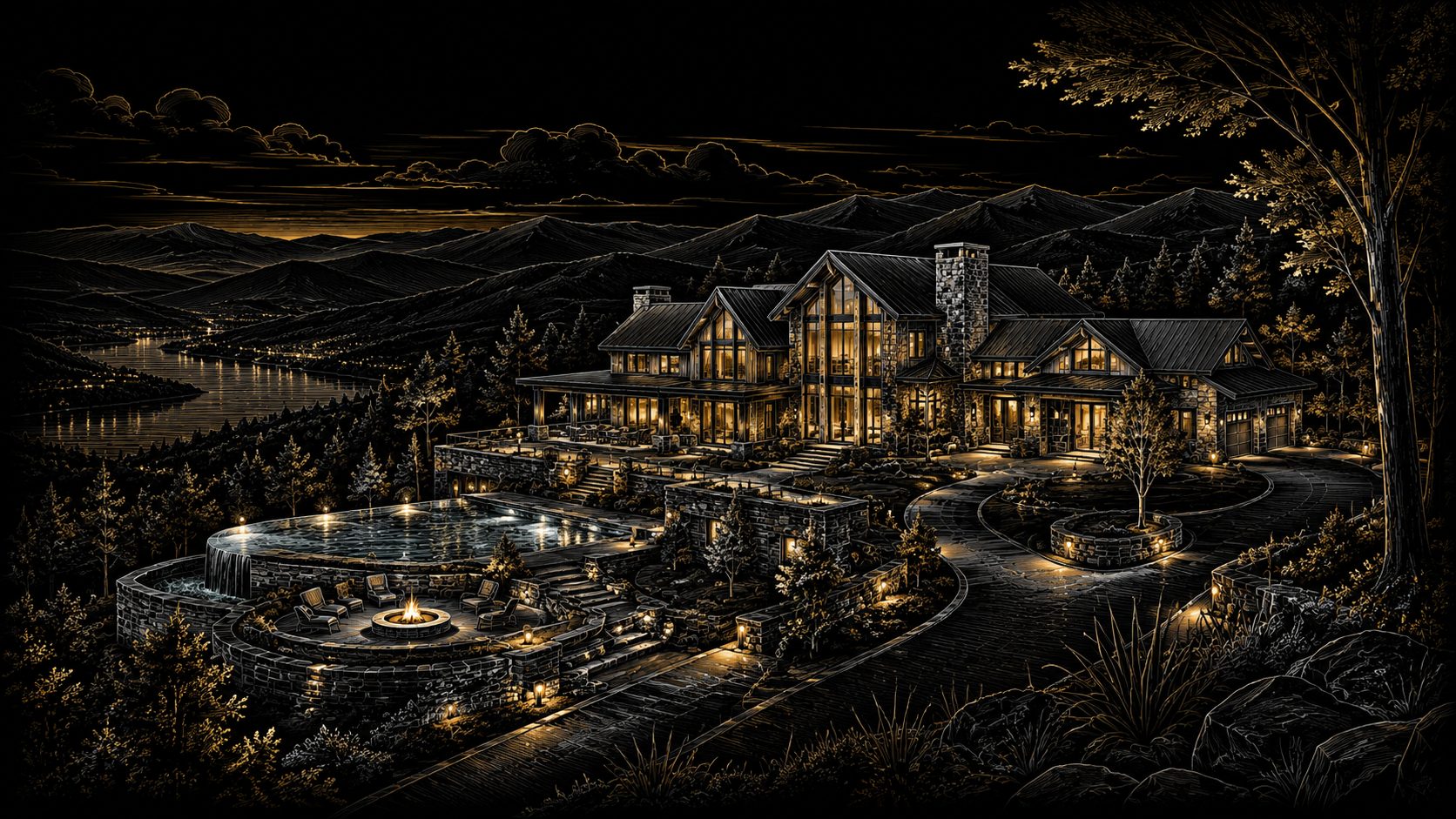 Gold and white line-art luxury mountain estate representing strategic property positioning