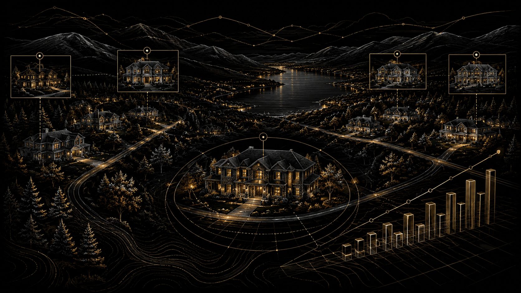 Gold and white luxury real estate market analysis with property comparisons and pricing strategy