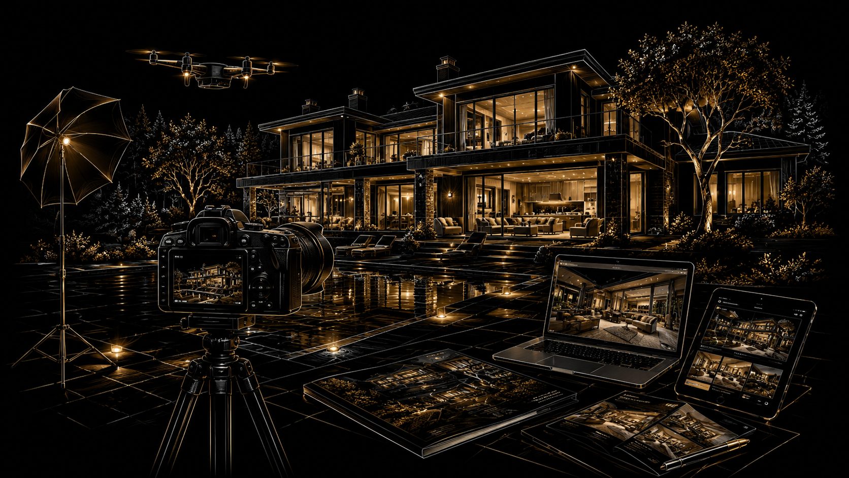 Gold and white luxury home photography setup with camera, lighting, drone, and marketing materials