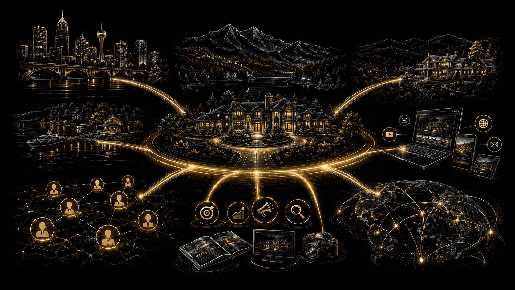 Gold and white luxury estate with network paths, buyer connections, and marketing channels