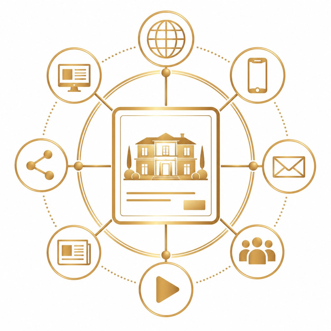 Gold luxury home listing icon with connected digital, print, social, and professional visibility channels