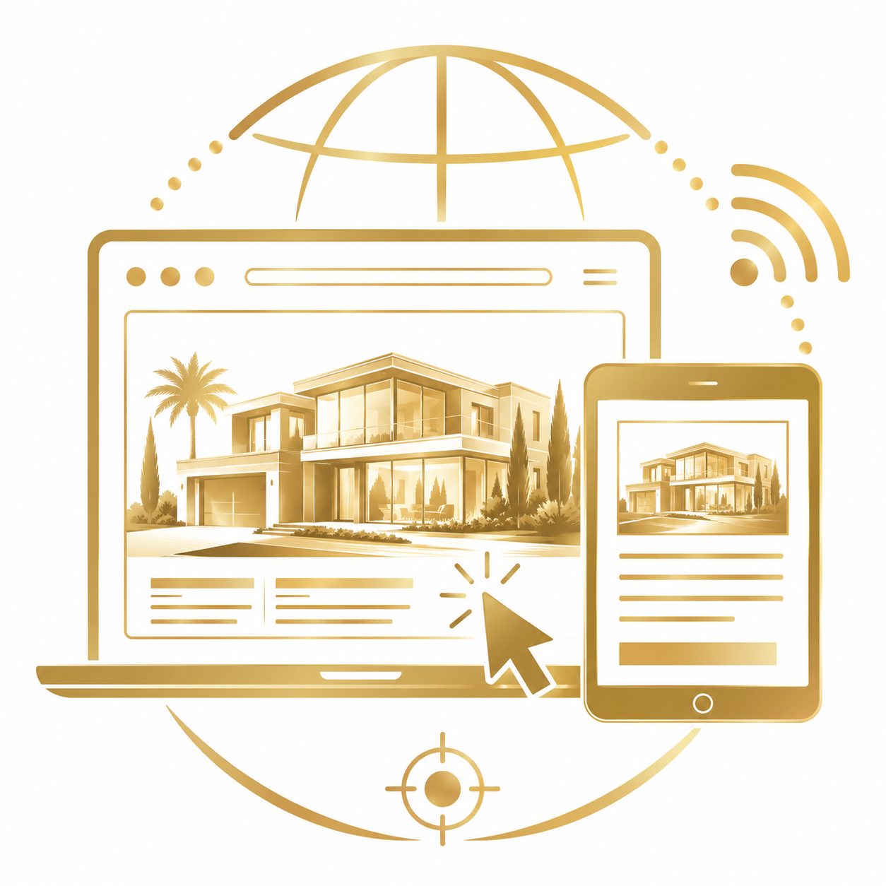 Gold laptop and mobile listing icon representing digital exposure for luxury real estate