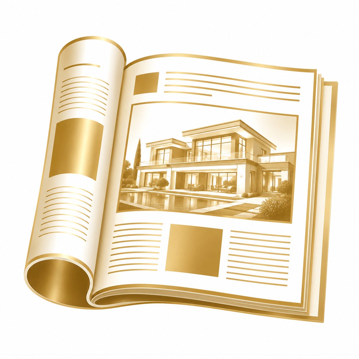 Gold luxury magazine icon with modern home feature representing print advertising opportunities
