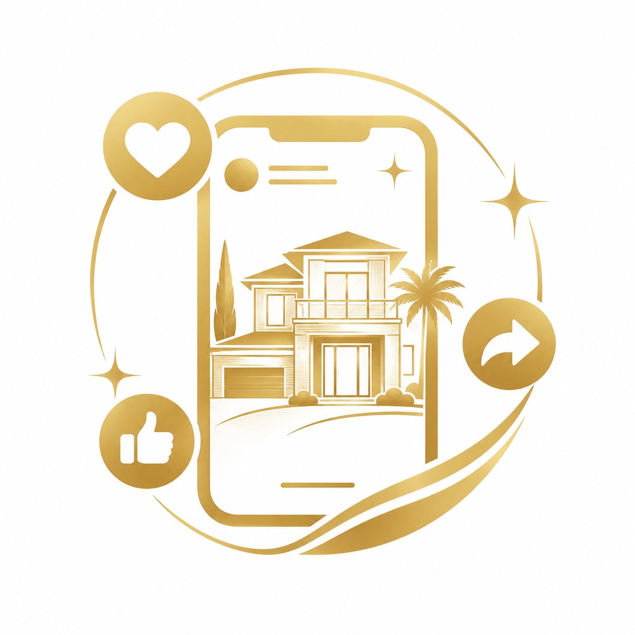 Gold smartphone icon with luxury home and social media engagement symbols