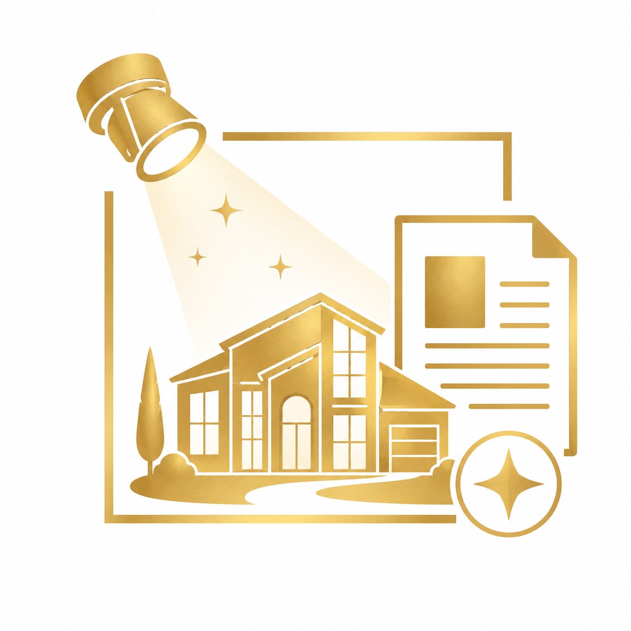 Gold spotlight on luxury home with editorial document representing property highlights and media opportunities