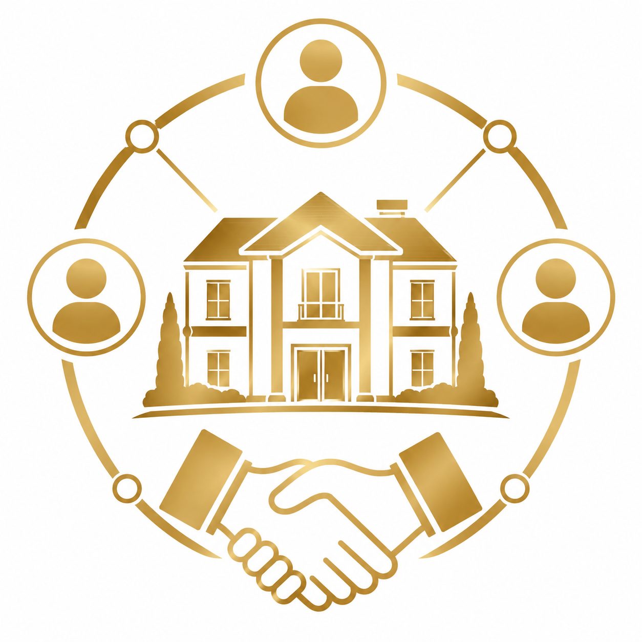 Gold luxury home with handshake and professional network icons representing real estate network visibility
