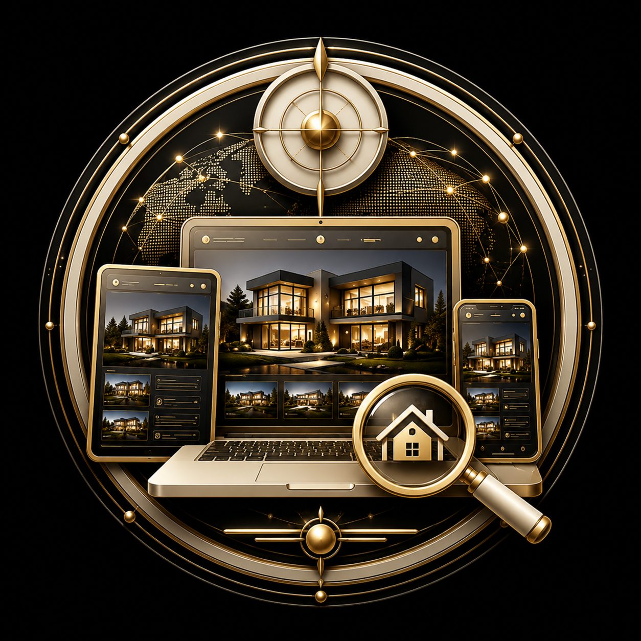 Black and gold luxury real estate icon showing laptop, phone, and online listing visibility