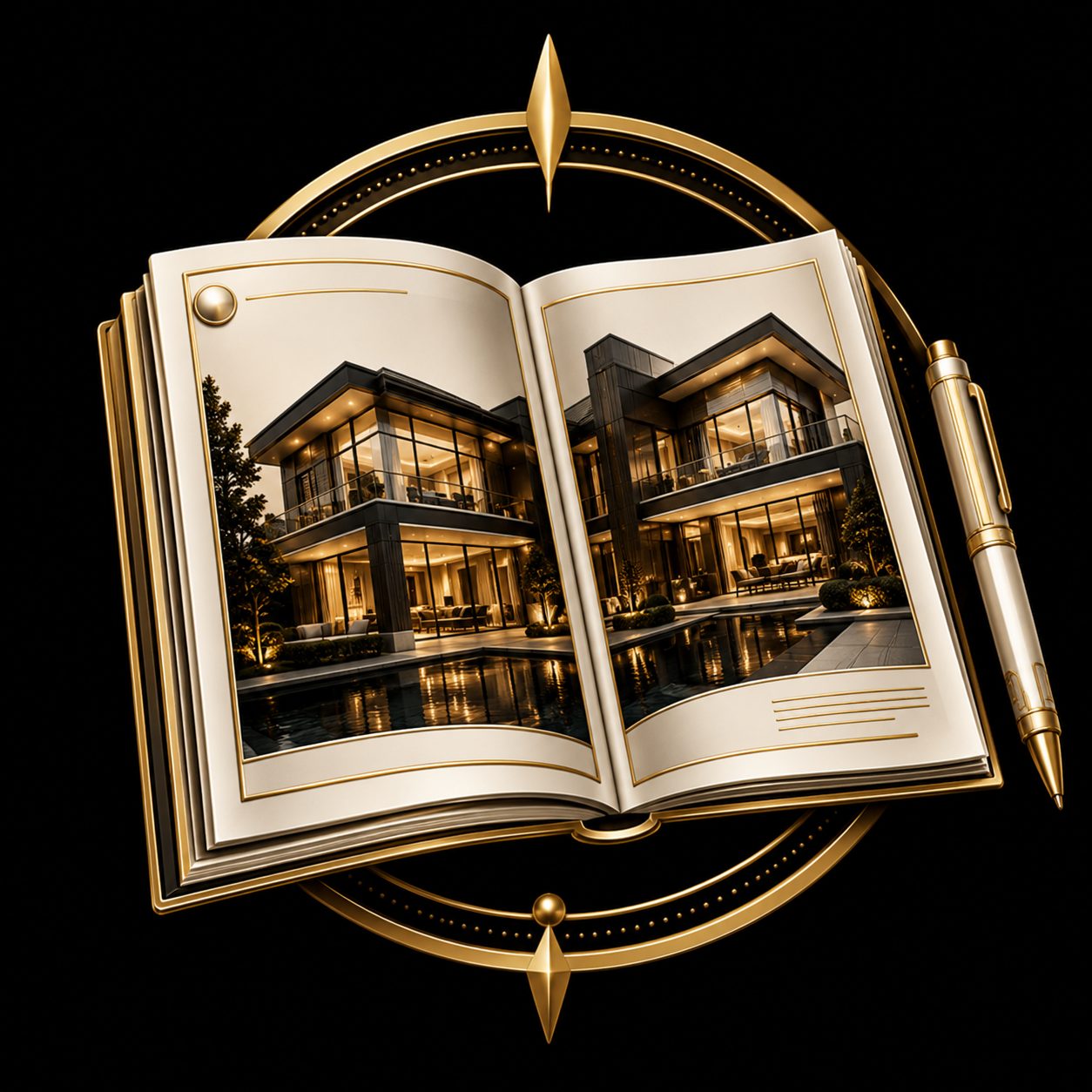 Black and gold luxury real estate icon showing a featured property in a high-end print magazine