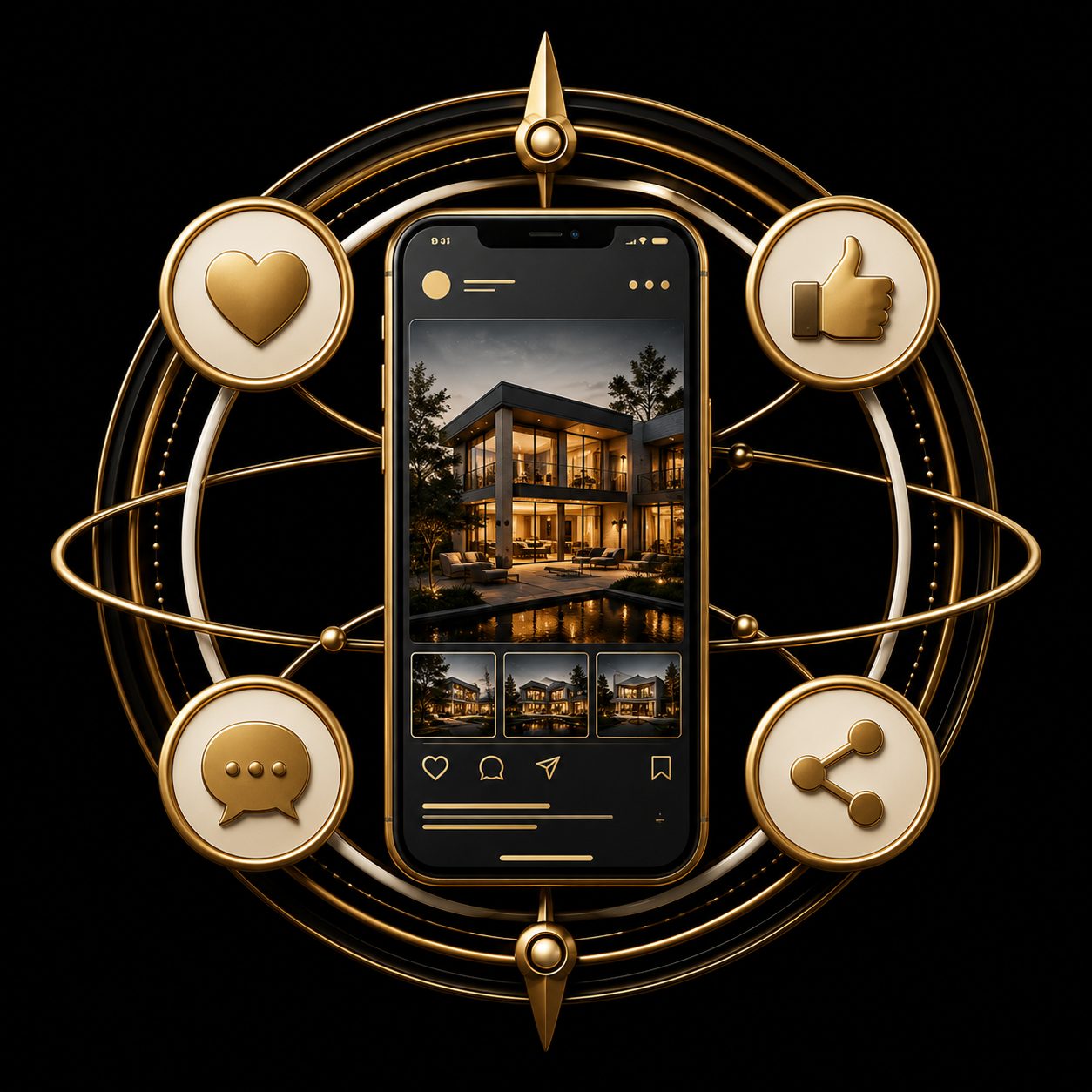 Black and gold luxury real estate icon showing a home with social media engagement symbols