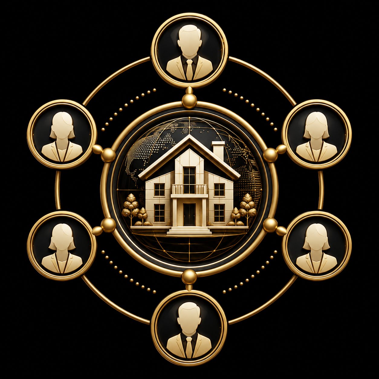 Black and gold luxury real estate icon showing professional connections and agent network promotion