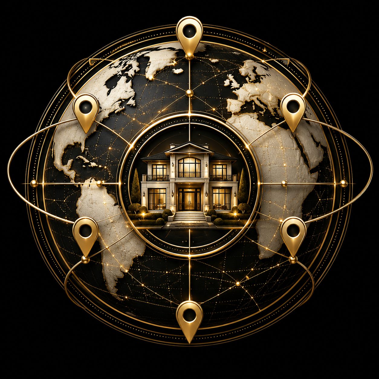 Black and gold luxury real estate icon showing broader listing distribution across connected channels