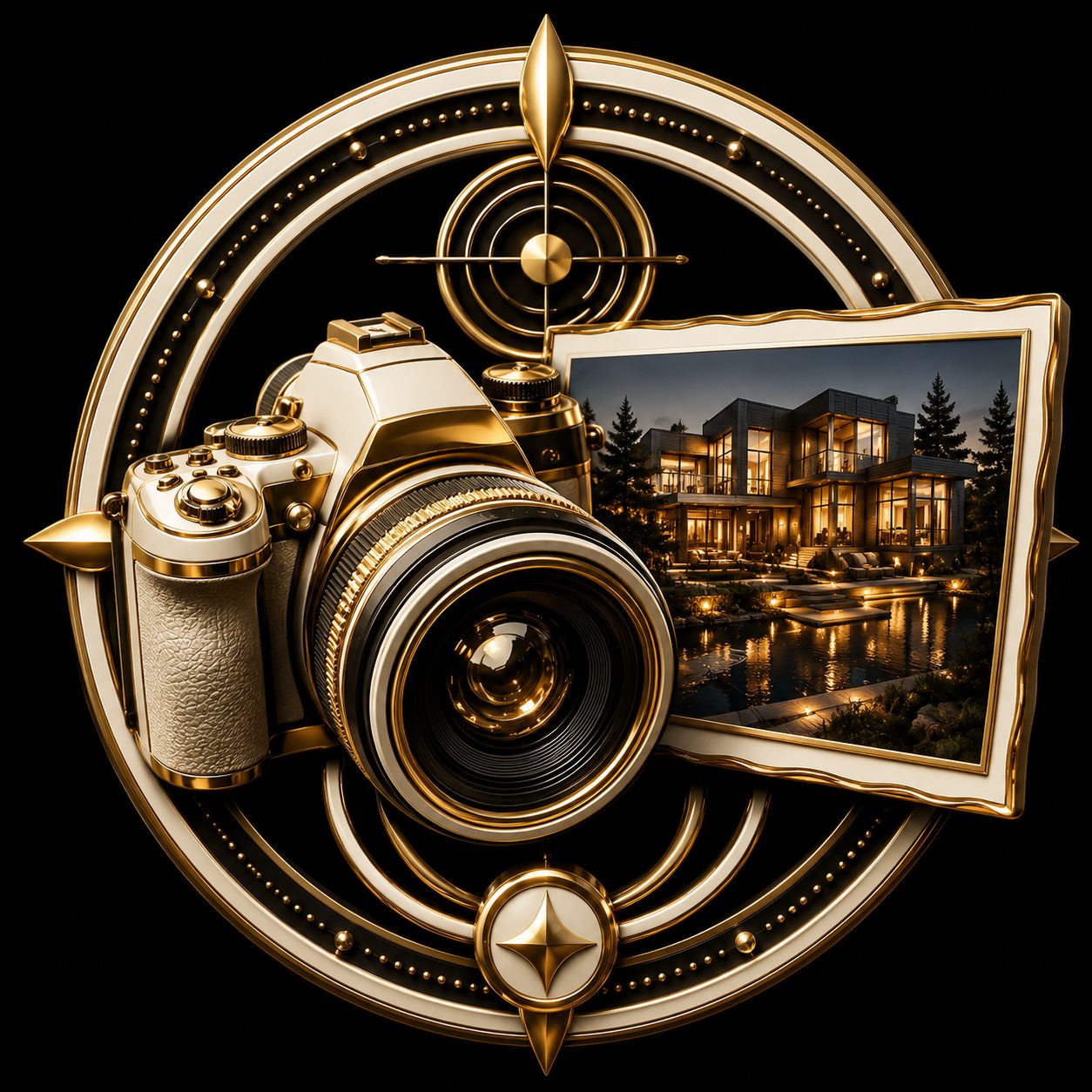 Black and gold luxury real estate icon showing a distinctive home presented through storytelling and presentation