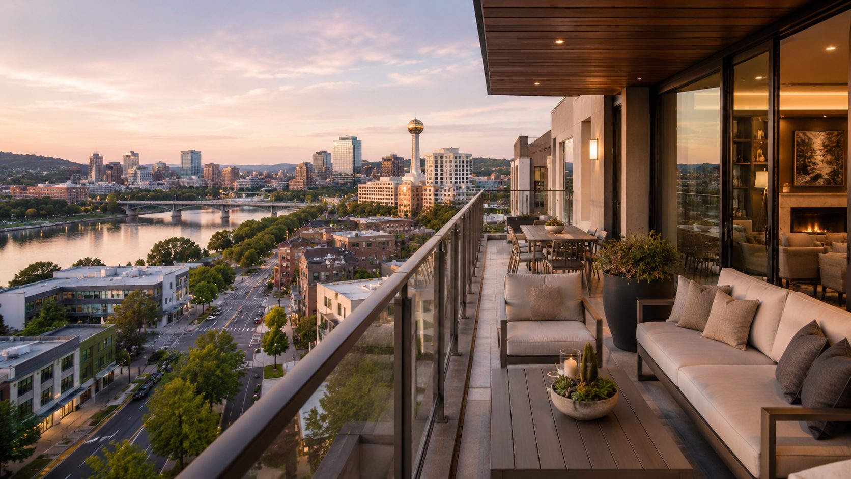 Downtown Knoxville luxury balcony with city skyline and river views at sunset
