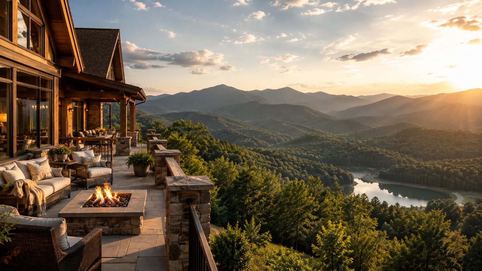 Luxury mountain-view terrace overlooking East Tennessee ridges at golden hour
