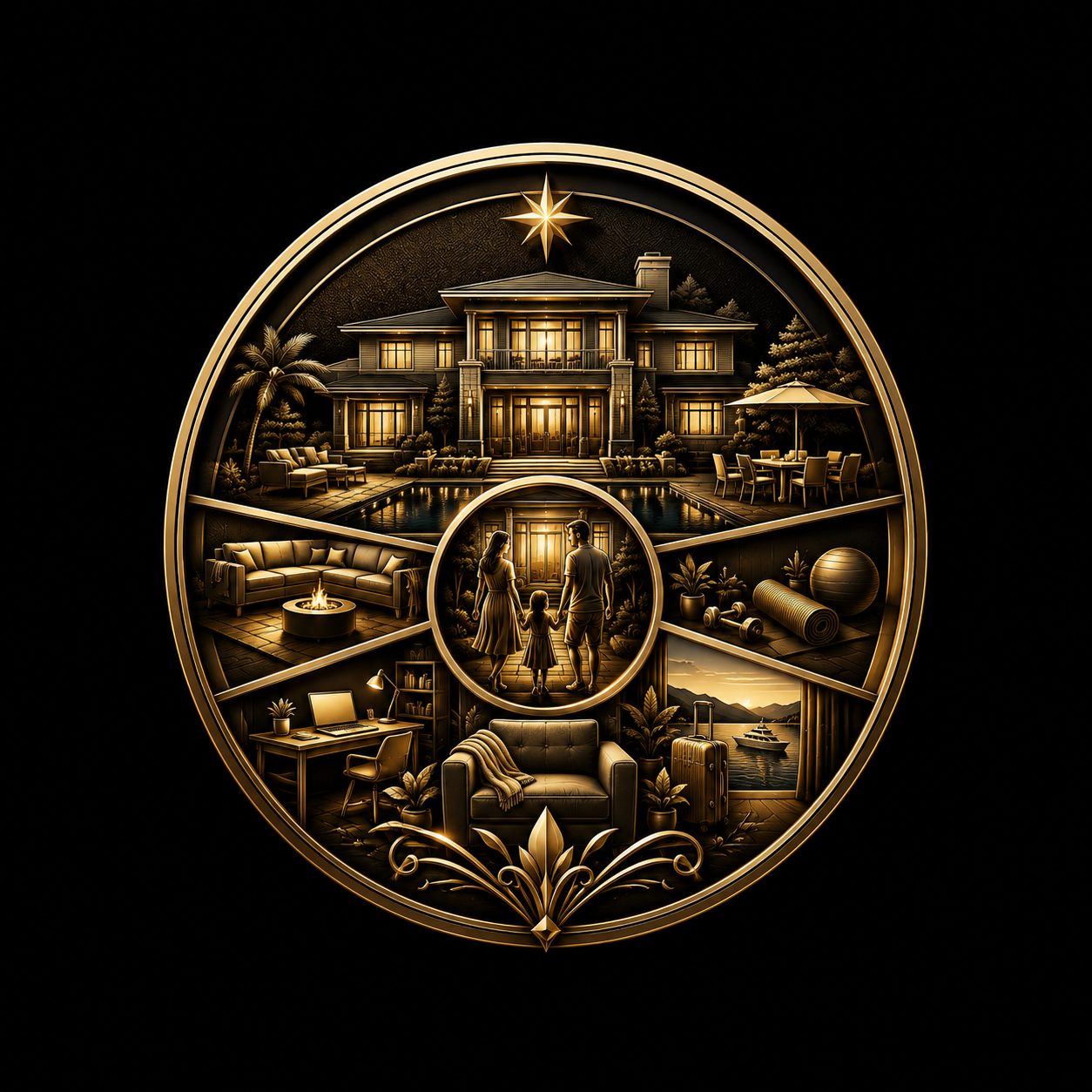 Black and gold luxury home icon representing lifestyle fit, family needs, entertaining, work, travel, and long-term comfort