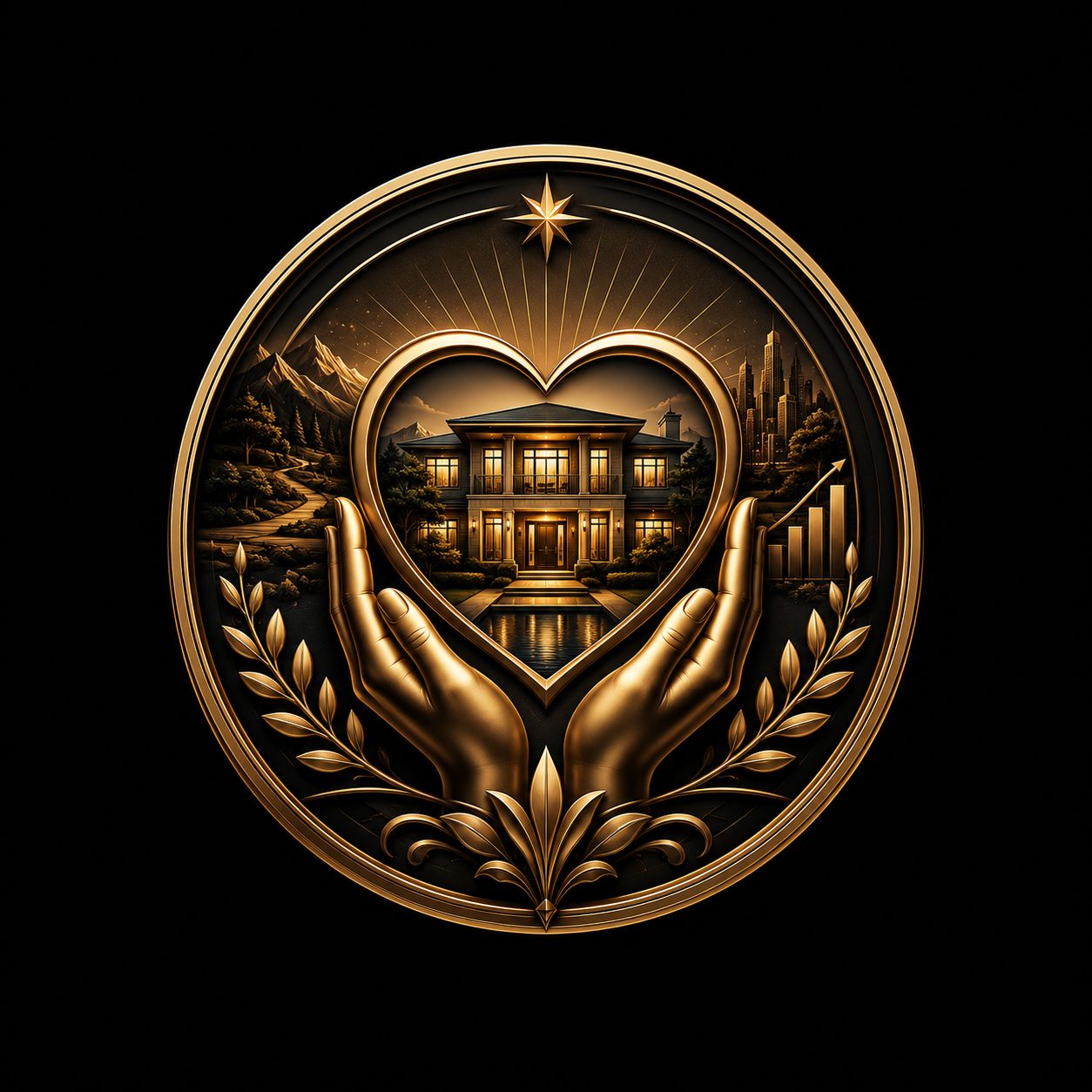 Black and gold luxury home icon with heart and hands representing emotional connection to a property