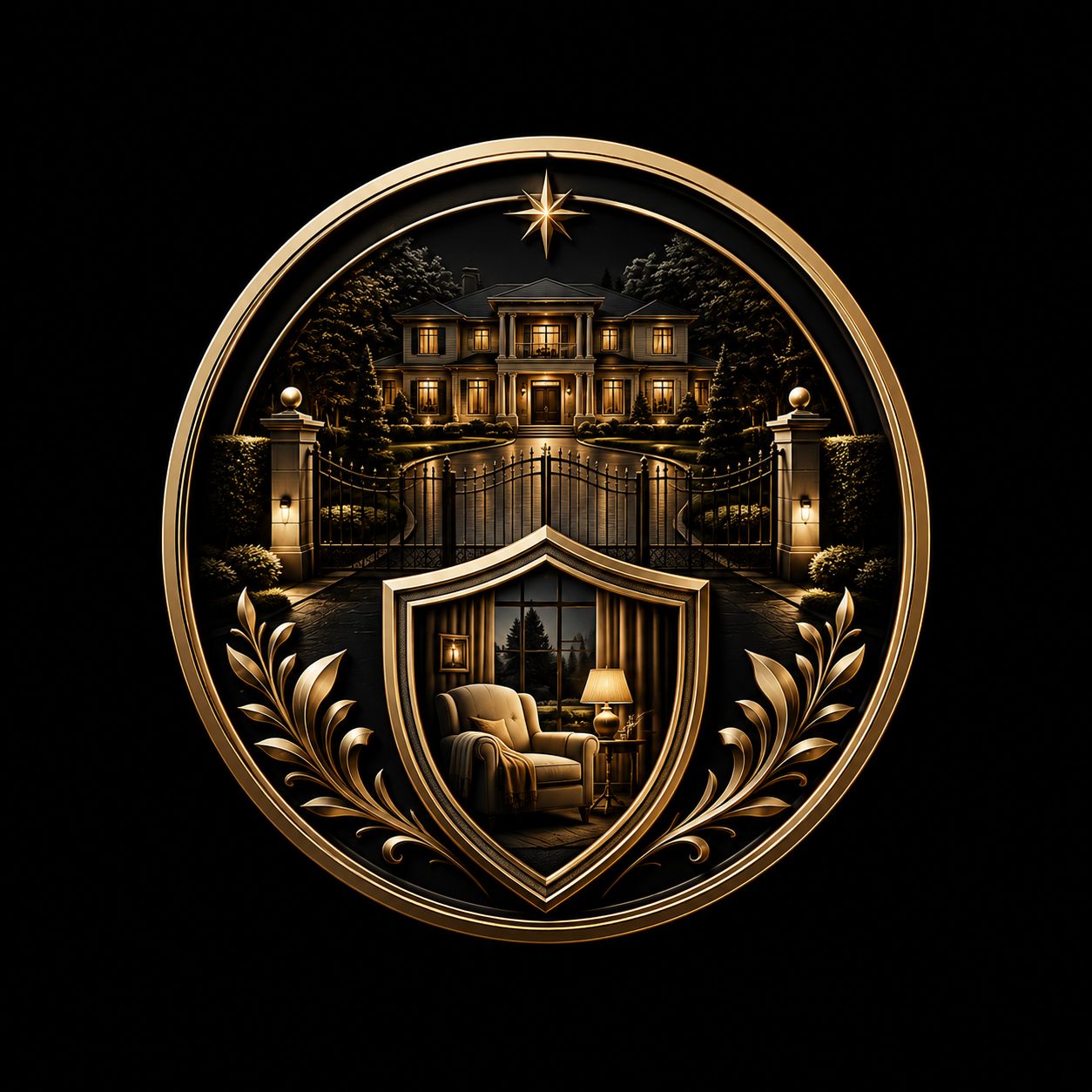 Black and gold luxury estate icon with private gate and shield representing privacy, security, space, and comfort