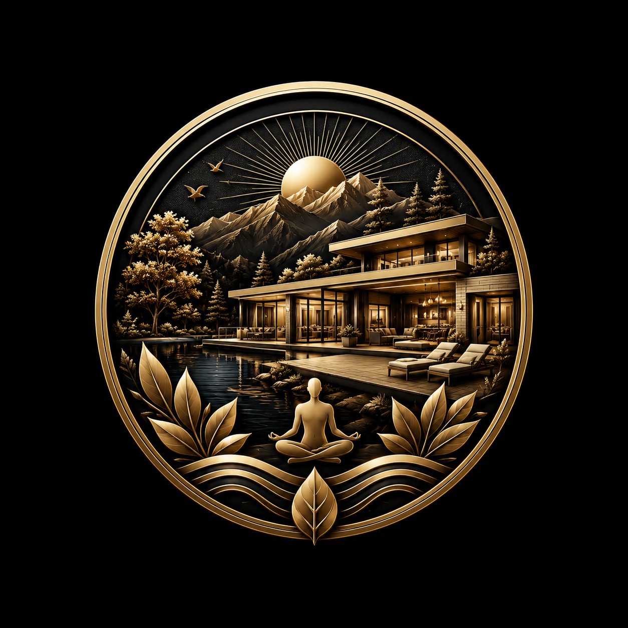 Black and gold luxury home icon with nature, mountains, water, sunlight, and wellness elements