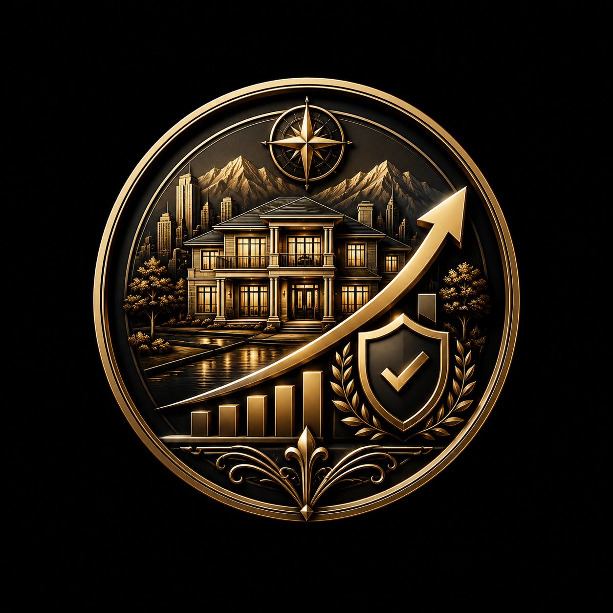 Black and gold luxury estate icon with growth chart, shield, and market confidence symbols