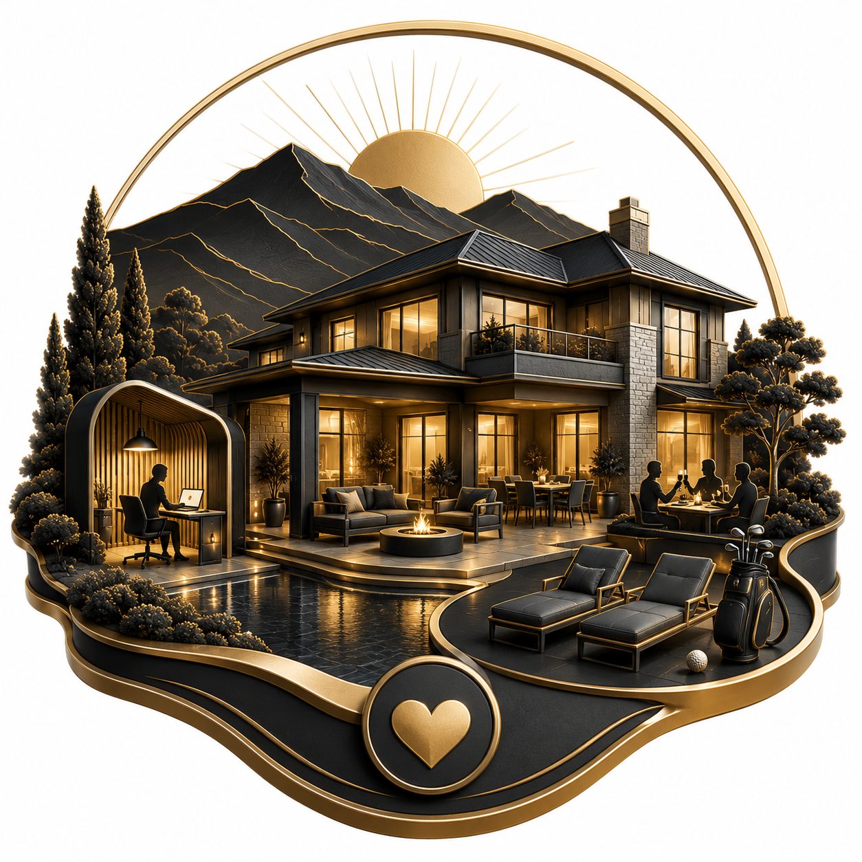 Luxury home lifestyle icon with outdoor living, recreation, work, travel, and family comfort