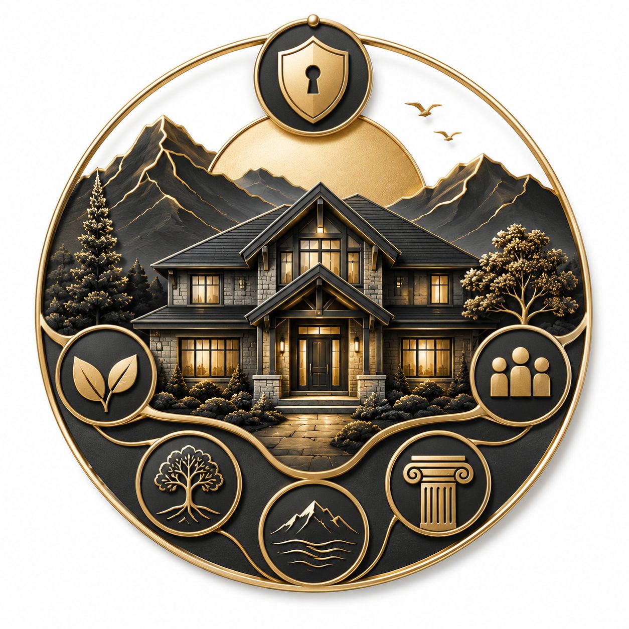 Luxury home icon with privacy, nature, craftsmanship, community, and personal value symbols