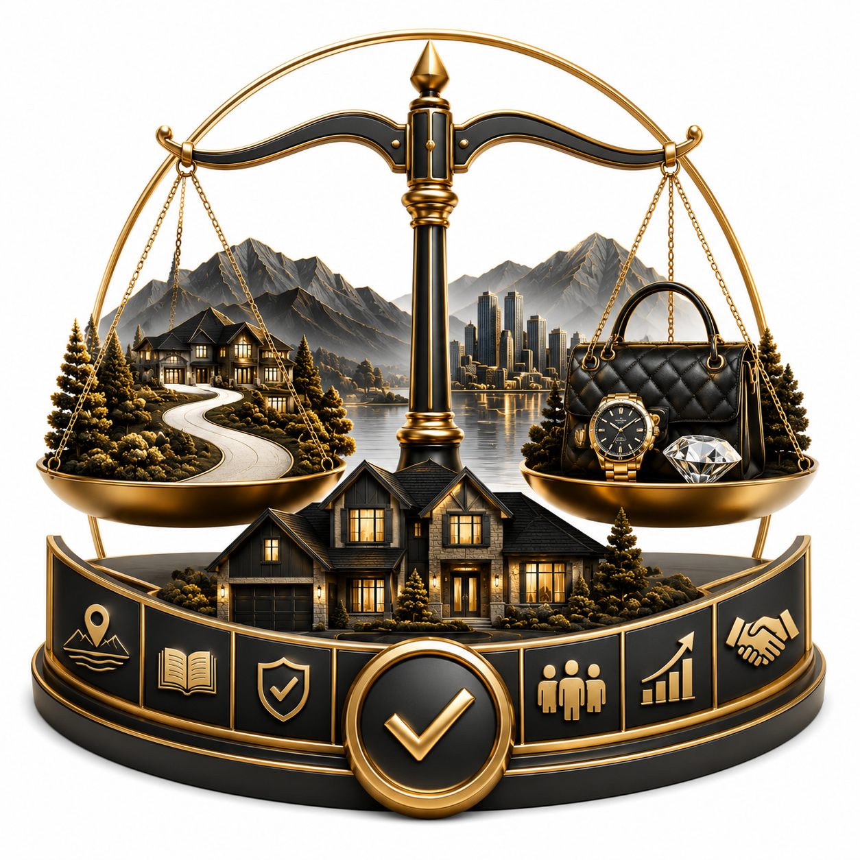 Luxury real estate value icon with balanced scale, home, quality, lifestyle, and market confidence symbols