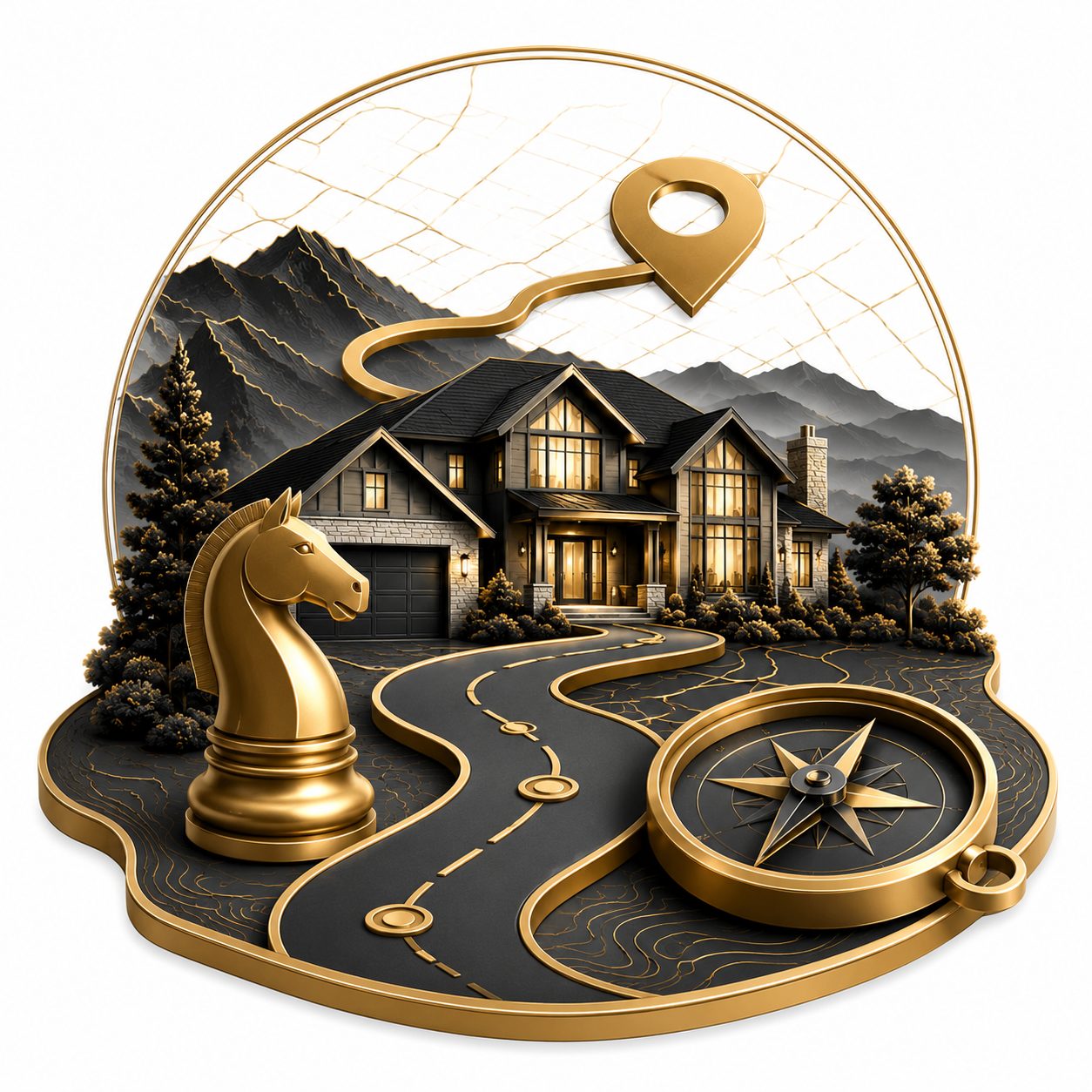 Luxury real estate strategy icon with property, compass, path, and positioning symbols