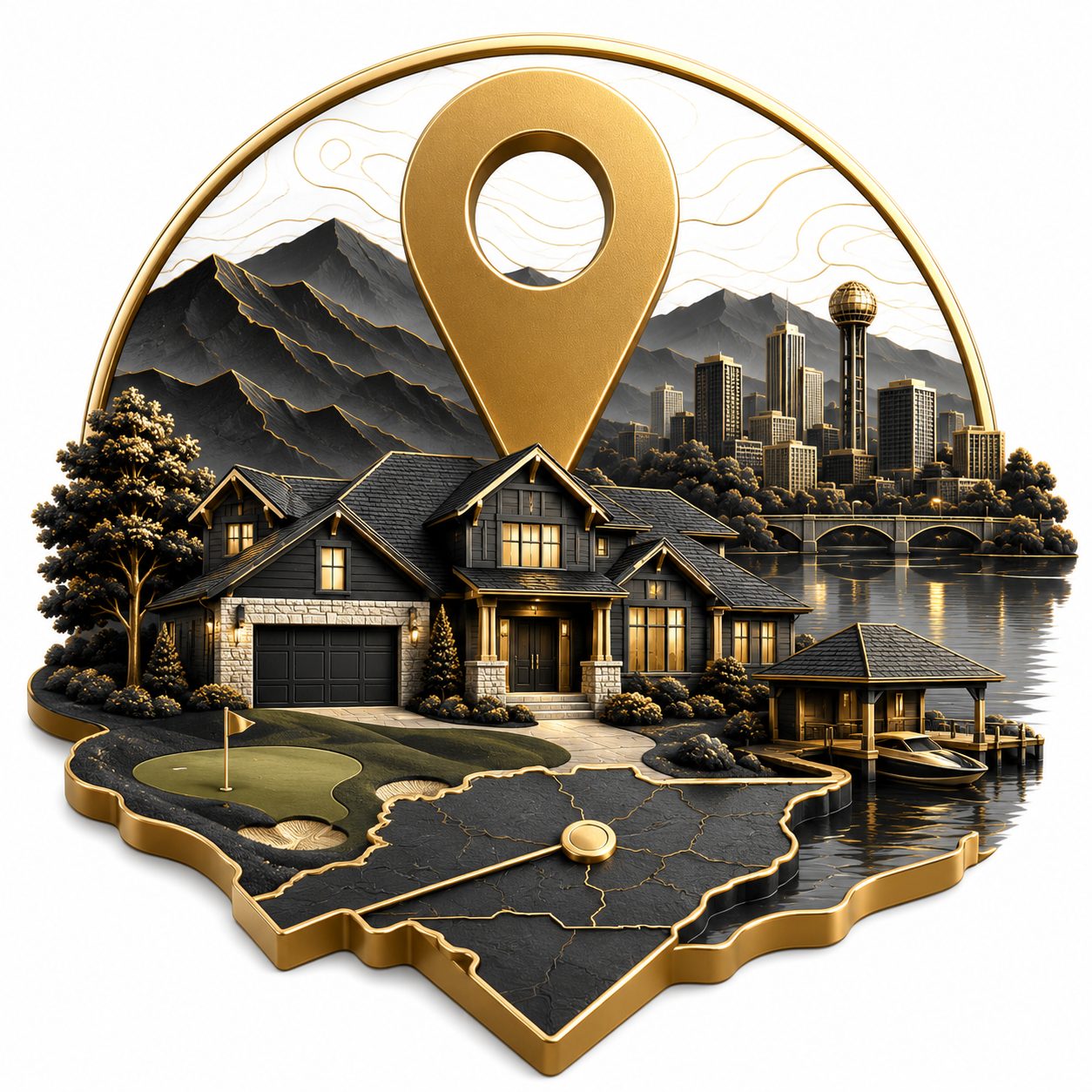 East Tennessee luxury real estate icon with map, lakefront home, mountain views, downtown property, and local market symbols