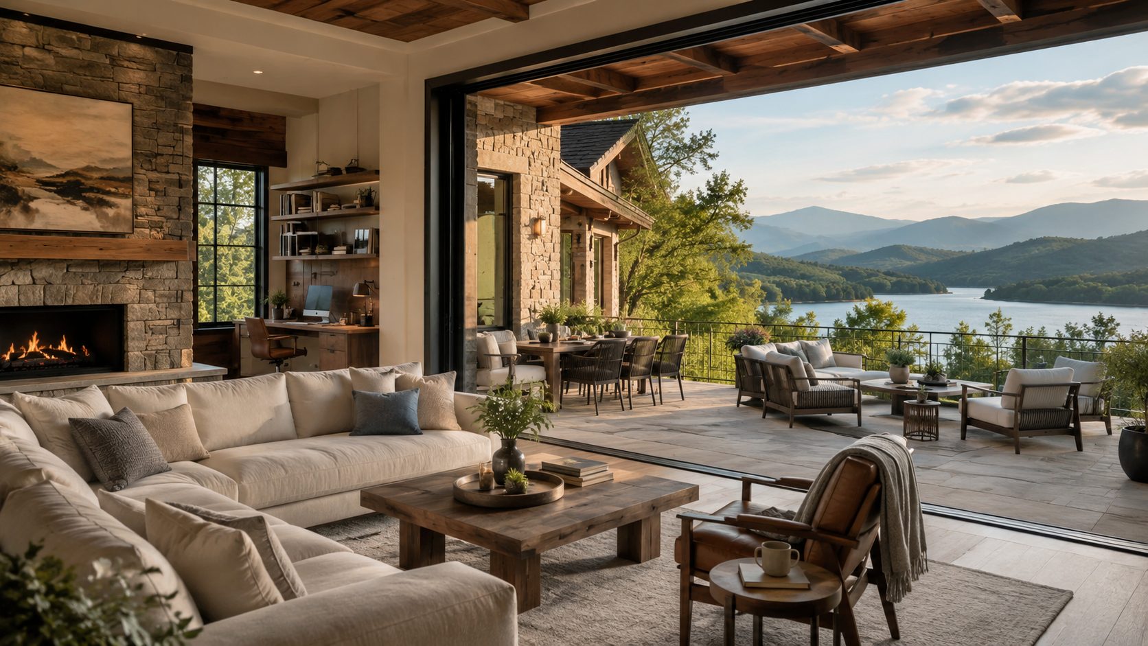 Luxury East Tennessee home with outdoor living, lake views, mountain scenery, work space, and entertaining areas