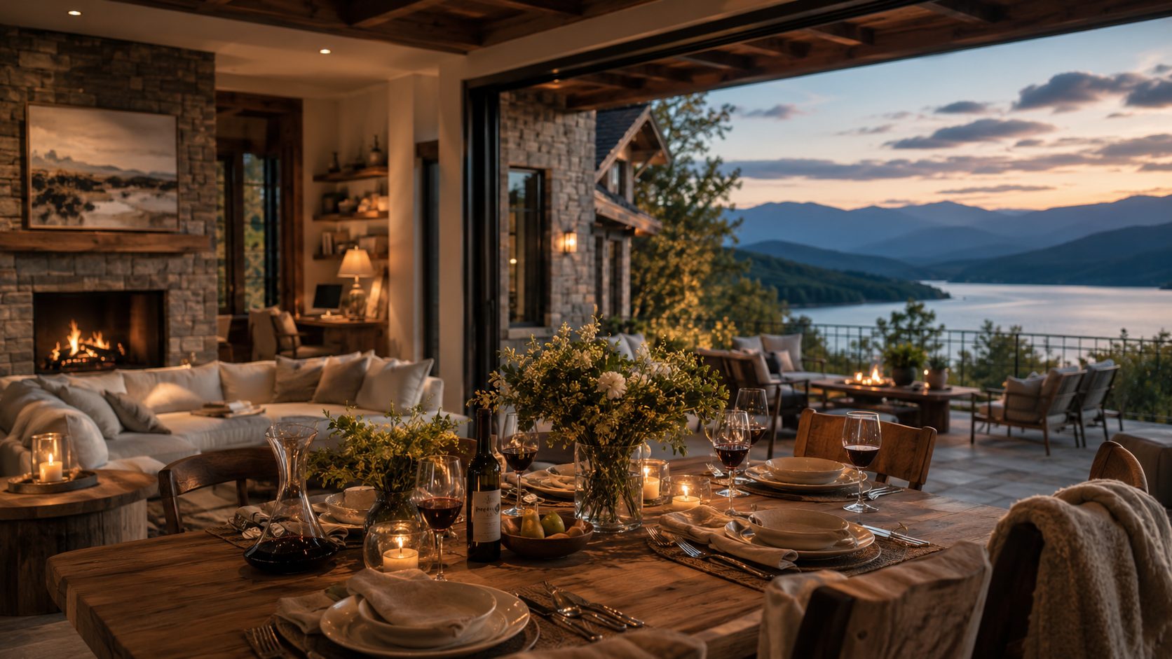 Warm luxury lakefront home interior and outdoor gathering space representing emotional connection and lifestyle fit