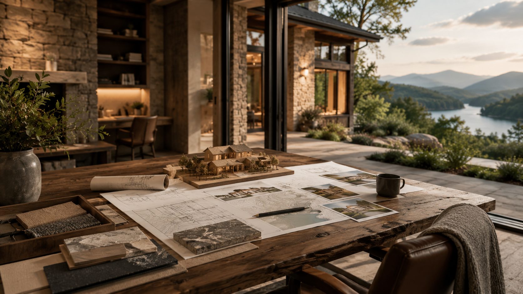 Luxury real estate strategy workspace with property plans, marketing materials, lake views, and East Tennessee scenery