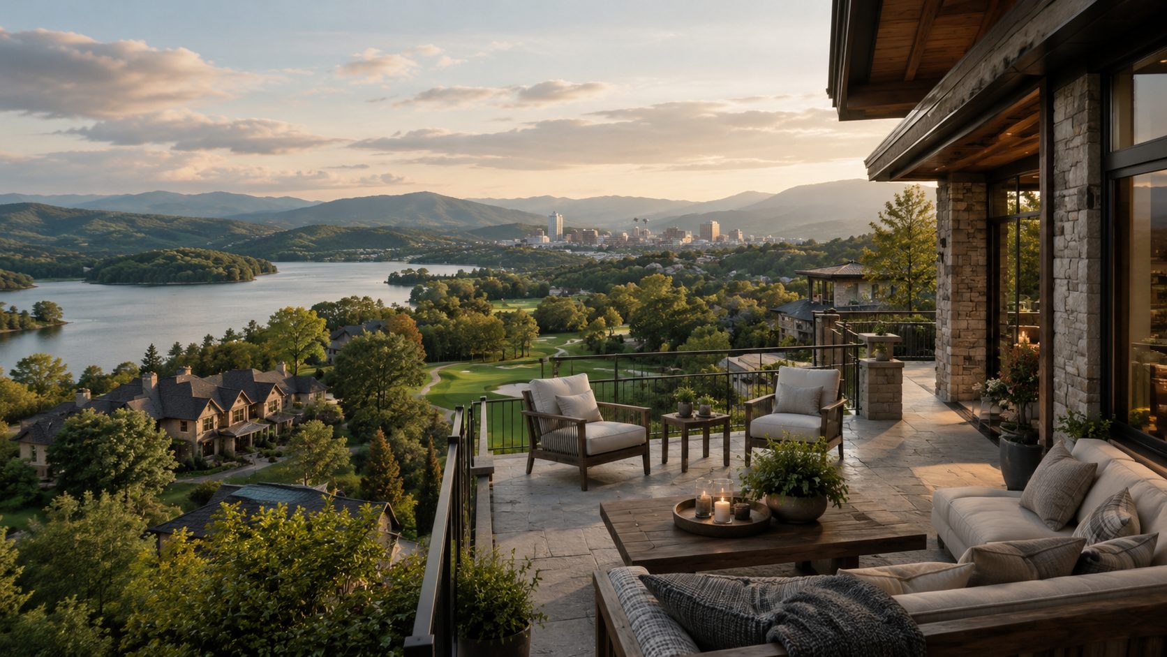 East Tennessee luxury terrace with lake, mountain, golf, neighborhood, and downtown lifestyle views
