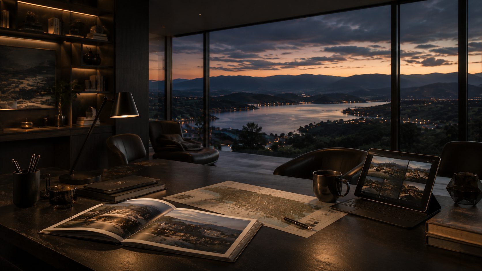 Dark luxury real estate strategy workspace with East Tennessee lake and mountain views at dusk