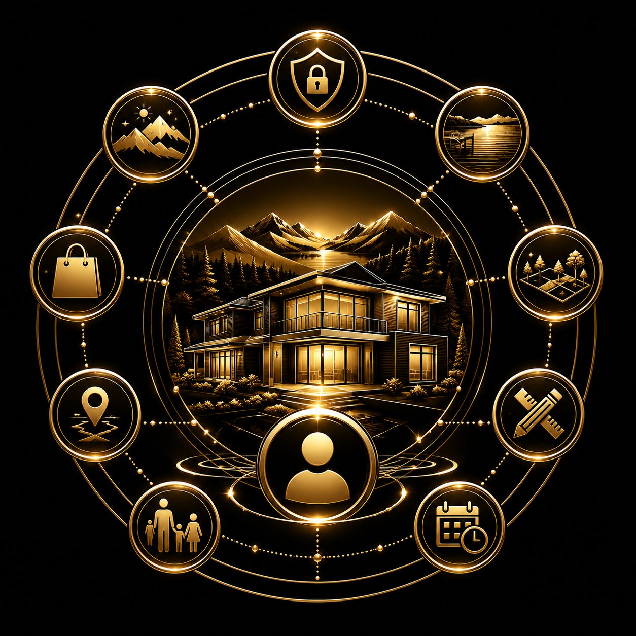 Black and gold luxury real estate icon showing personalized client priorities, home, lifestyle, privacy, timing, and location